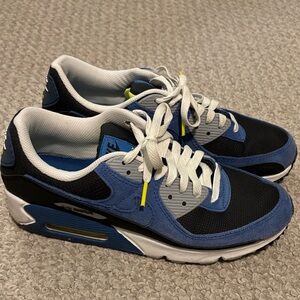 Nike Men's Blue and Black Suede Mesh Sneakers with Yellow Accents